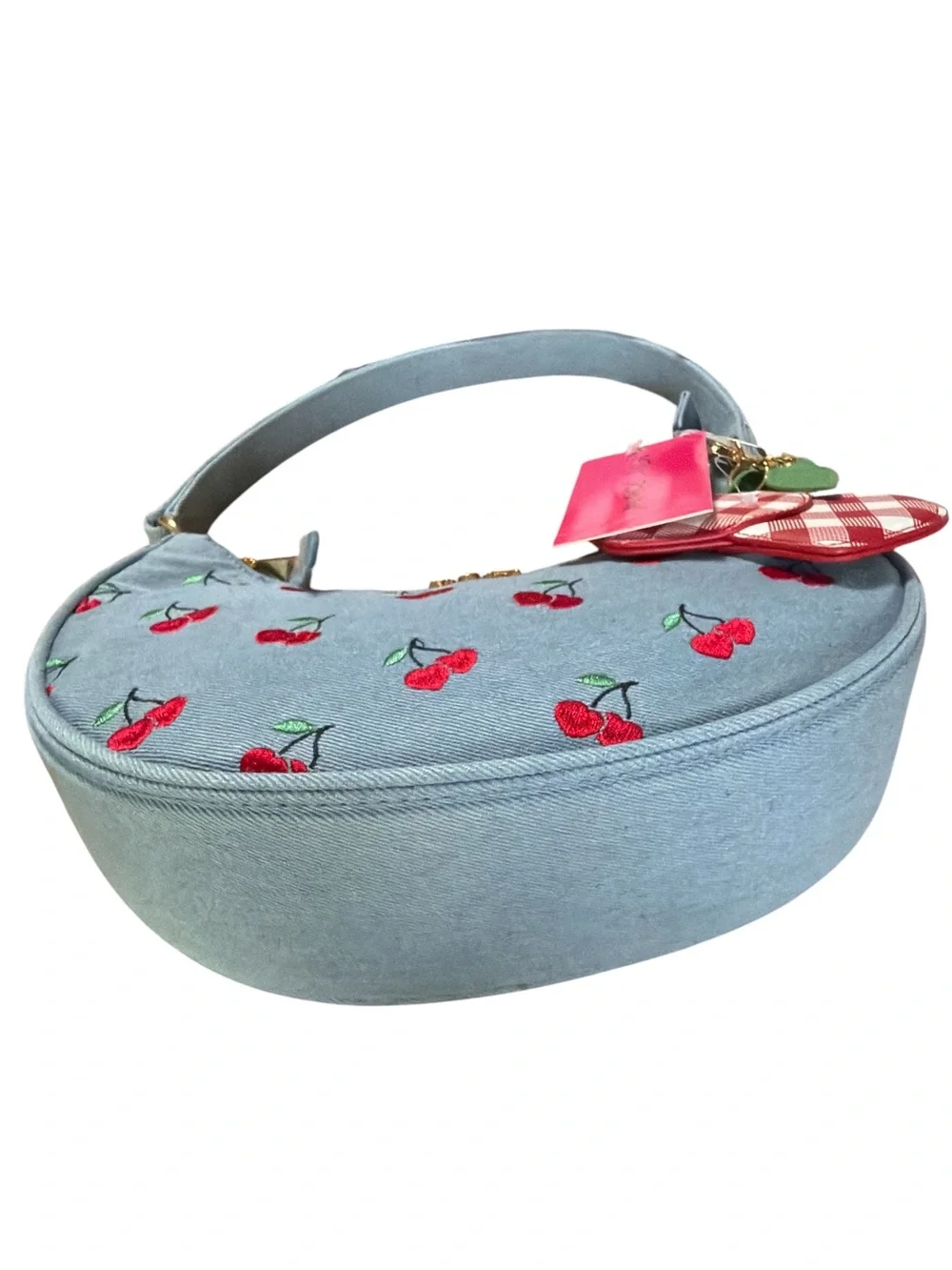 Betsey Johnson Light Denim Blue XONORTHY Cherry Shoulder Bag with Gold Hardware